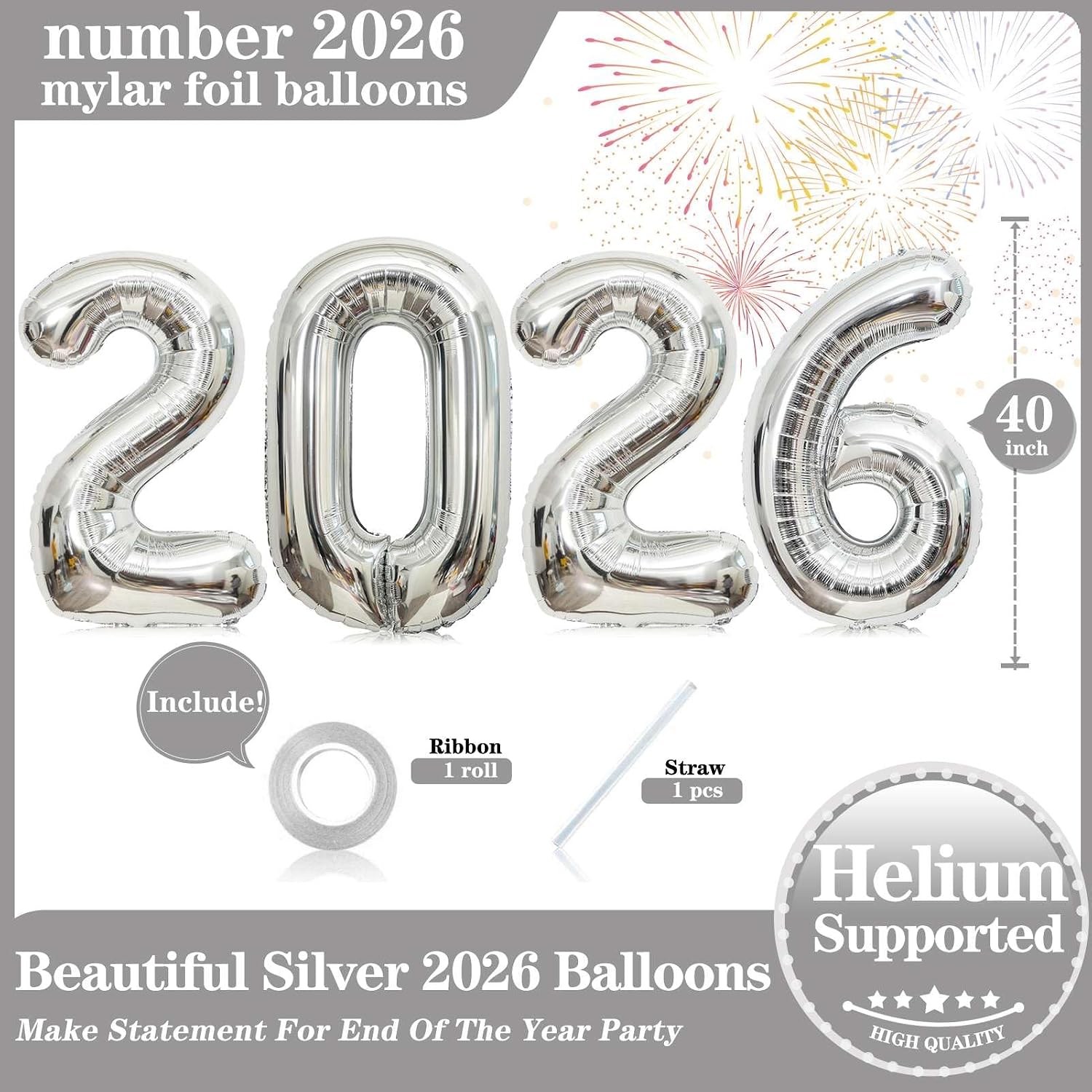 40 Inch Silver Number 2026 Balloons, Big Large Size Giant 2026 Number Balloons New Year Foil Helium Silver Balloons for 2026 Happy New Year Eve Celebration Decorations Party Supplies